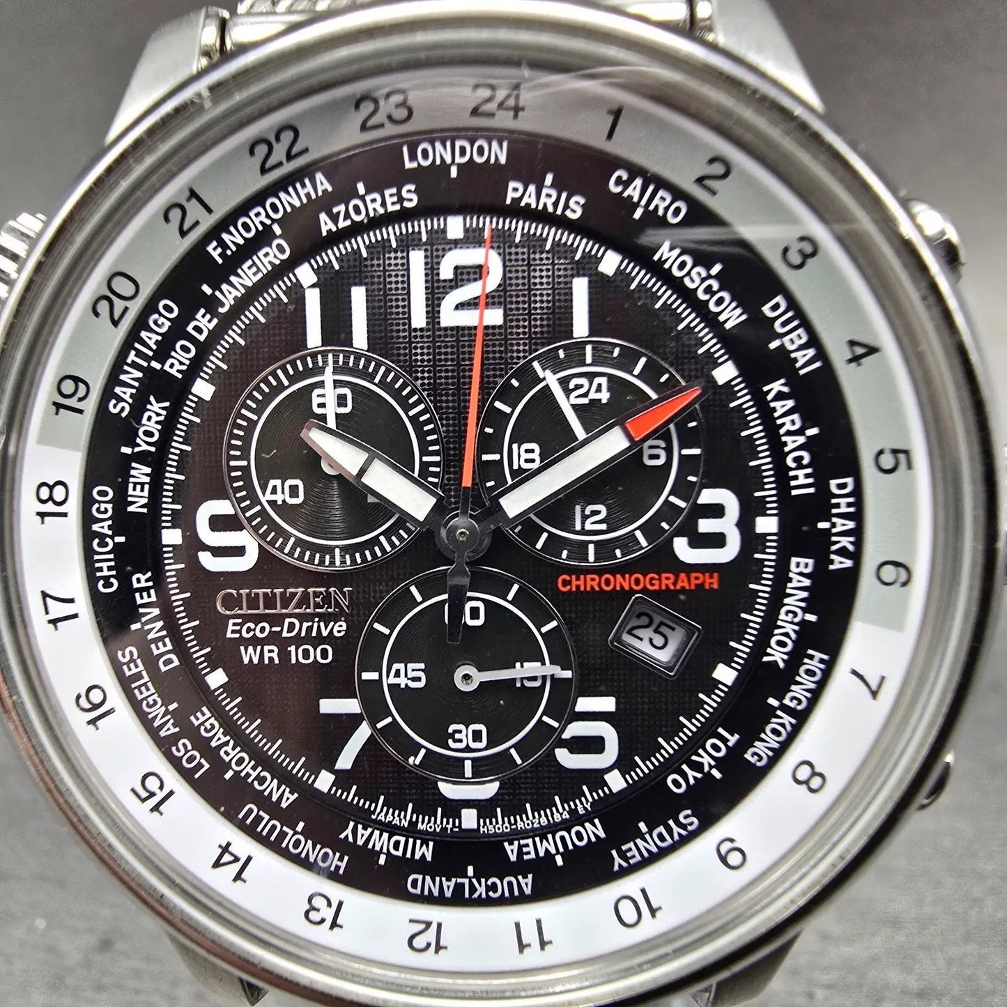 Citizen Eco-Drive World Timer Watch Men 43mm Black Dial Silver Tone Chrono Runs1