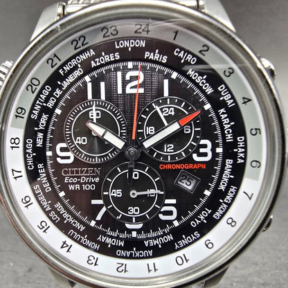 Citizen Eco-Drive World Timer Watch Men 43mm Black Dial Silver Tone Chrono Runs1