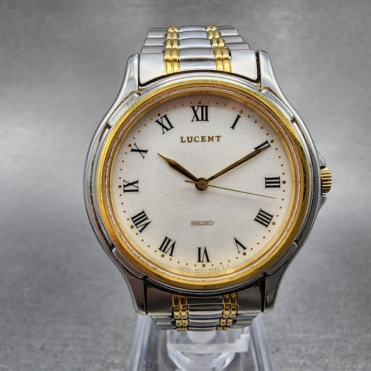 Seiko Lucent Watch Men 33mm White Dial Two Tone 5e21-6b0a New Battery