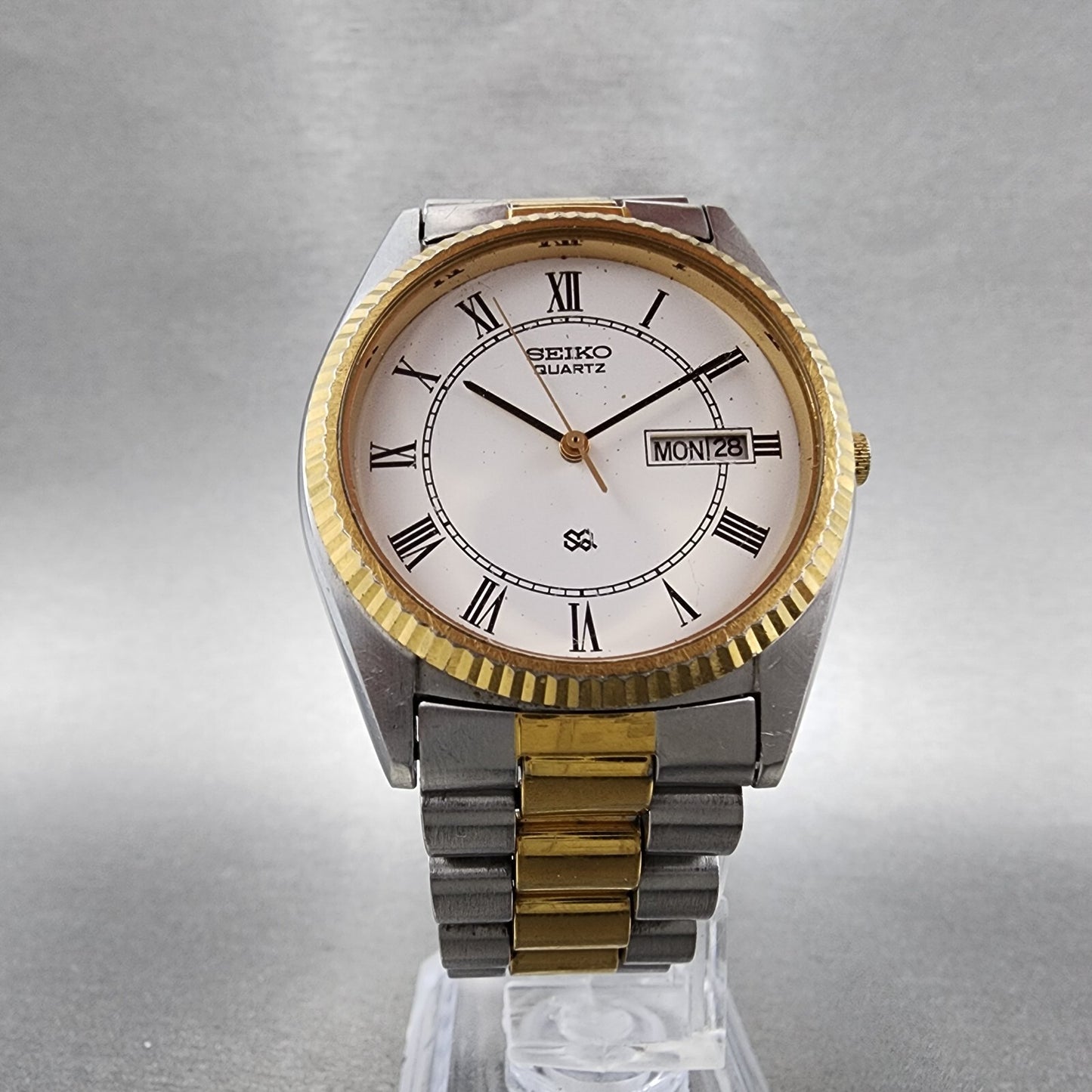 Seiko SQ President Watch Men 36mm White Dial Two Tone Daydate Round New Battery