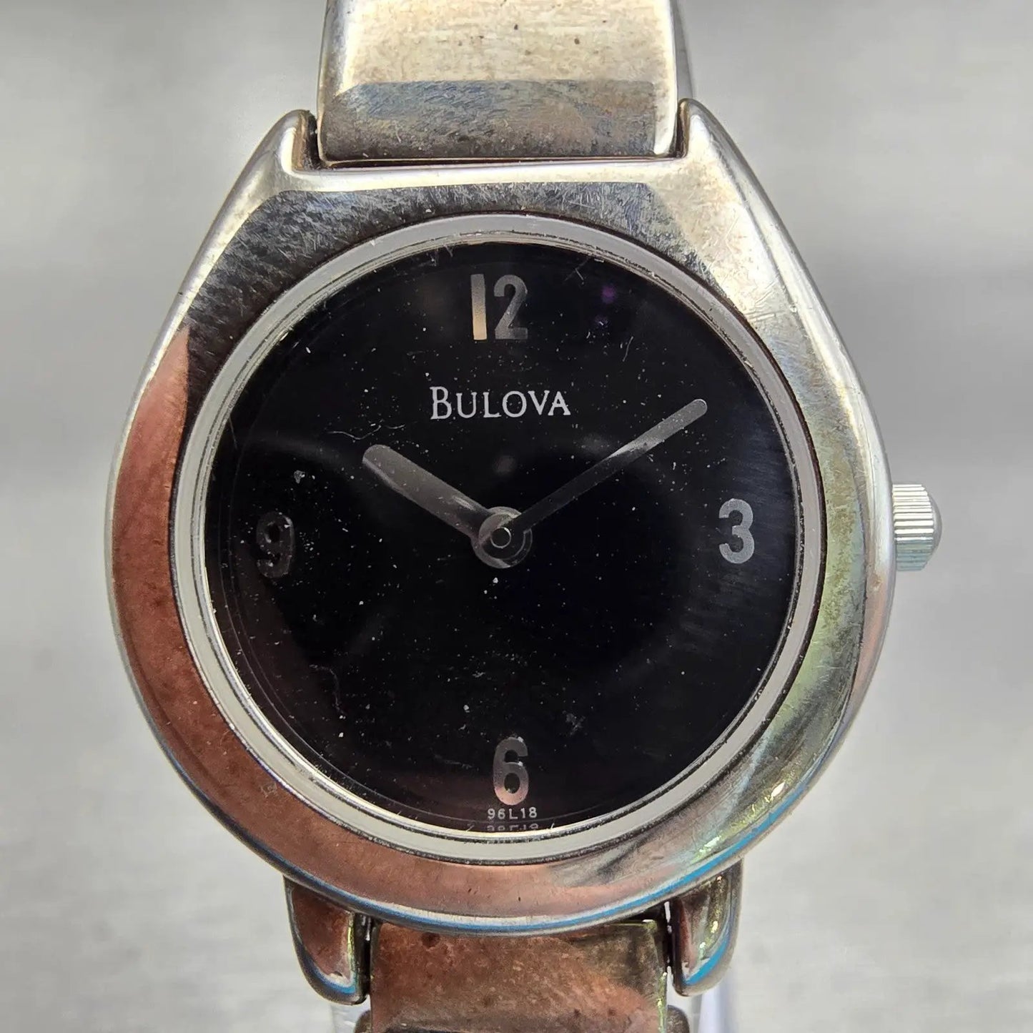 Bulova Watch Women 25mm Black Dial Silver Tone Round Bangle 96L18 New Battery F1