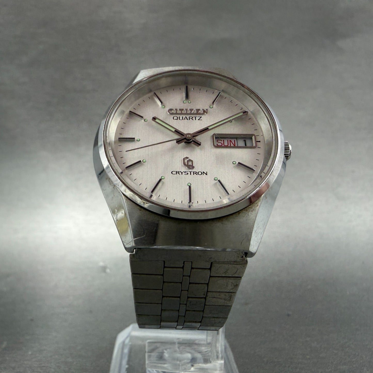 Citizen Crystron Watch Men 35mm Silver Dial Steel Daydate 4-730810 New Battery5