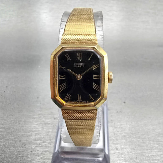 Seiko Watch Women 16mm Black Dial Gold Tone Rectangle 2B20-5019 New Battery VTG0