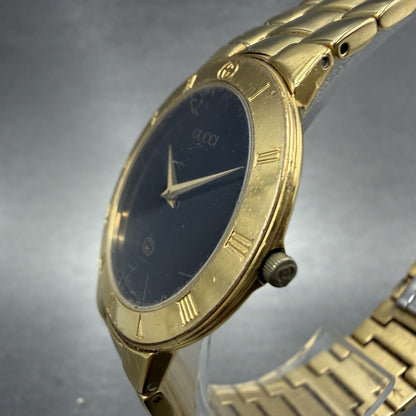 Gucci 3300M Watch Men 33mm Black Dial Gold Tone Round Vintage Bracelet PARTS3