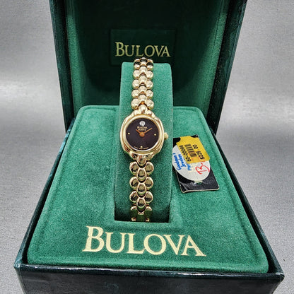 Bulova Watch Women 17mm Black Dial Gold Tone Round 92F59 New Batt NOS0