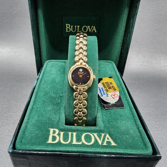 Bulova Watch Women 17mm Black Dial Gold Tone Round 92F59 New Batt NOS0
