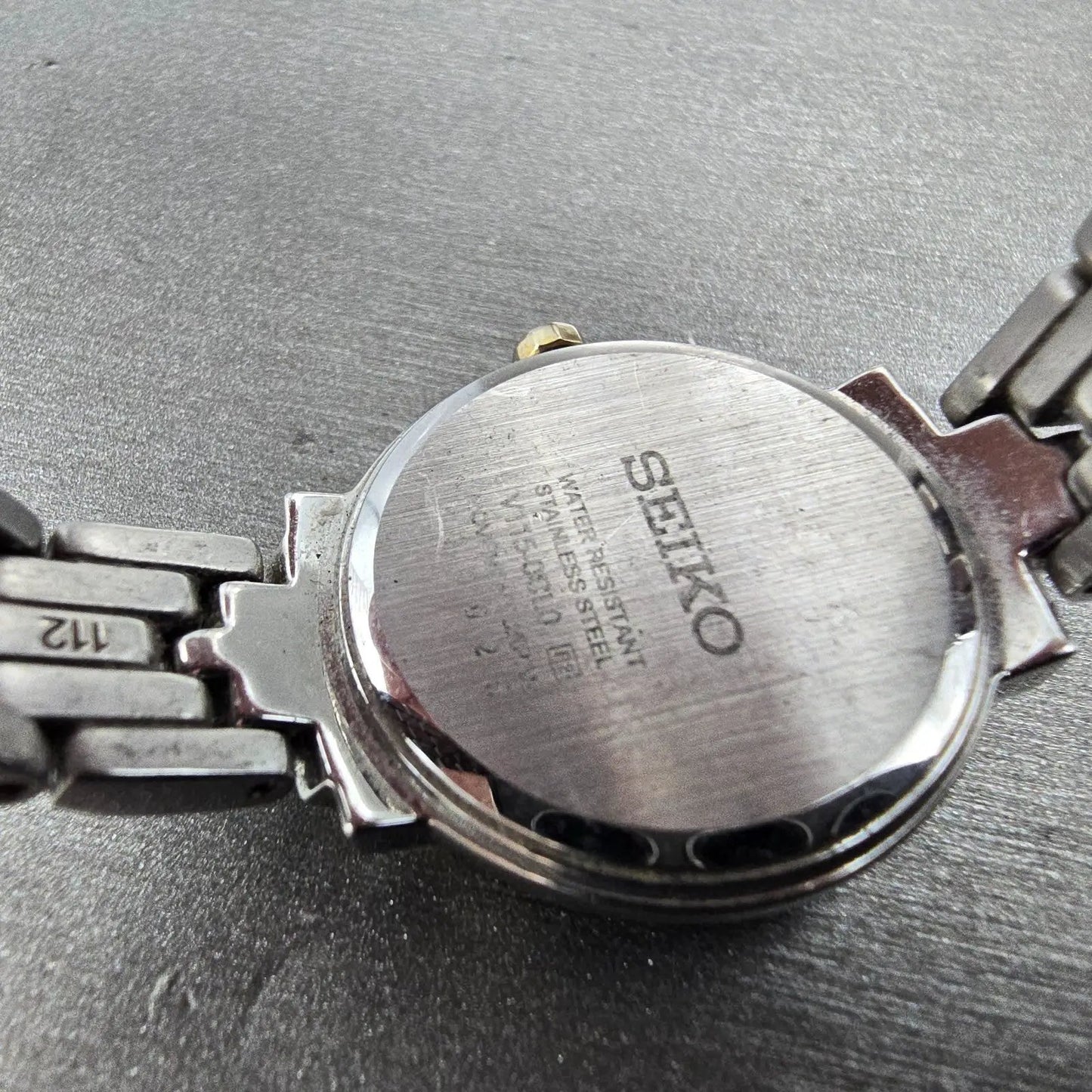 Seiko Solar Watch Women 24mm MOP Dial Two Tone Round V115-0CL0 Runs Crystals8