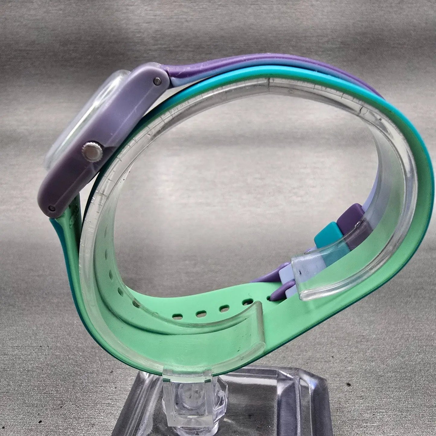 Swatch Fun In Blue Watch Women Green Dial Purple Case Round LV117 New Battery6