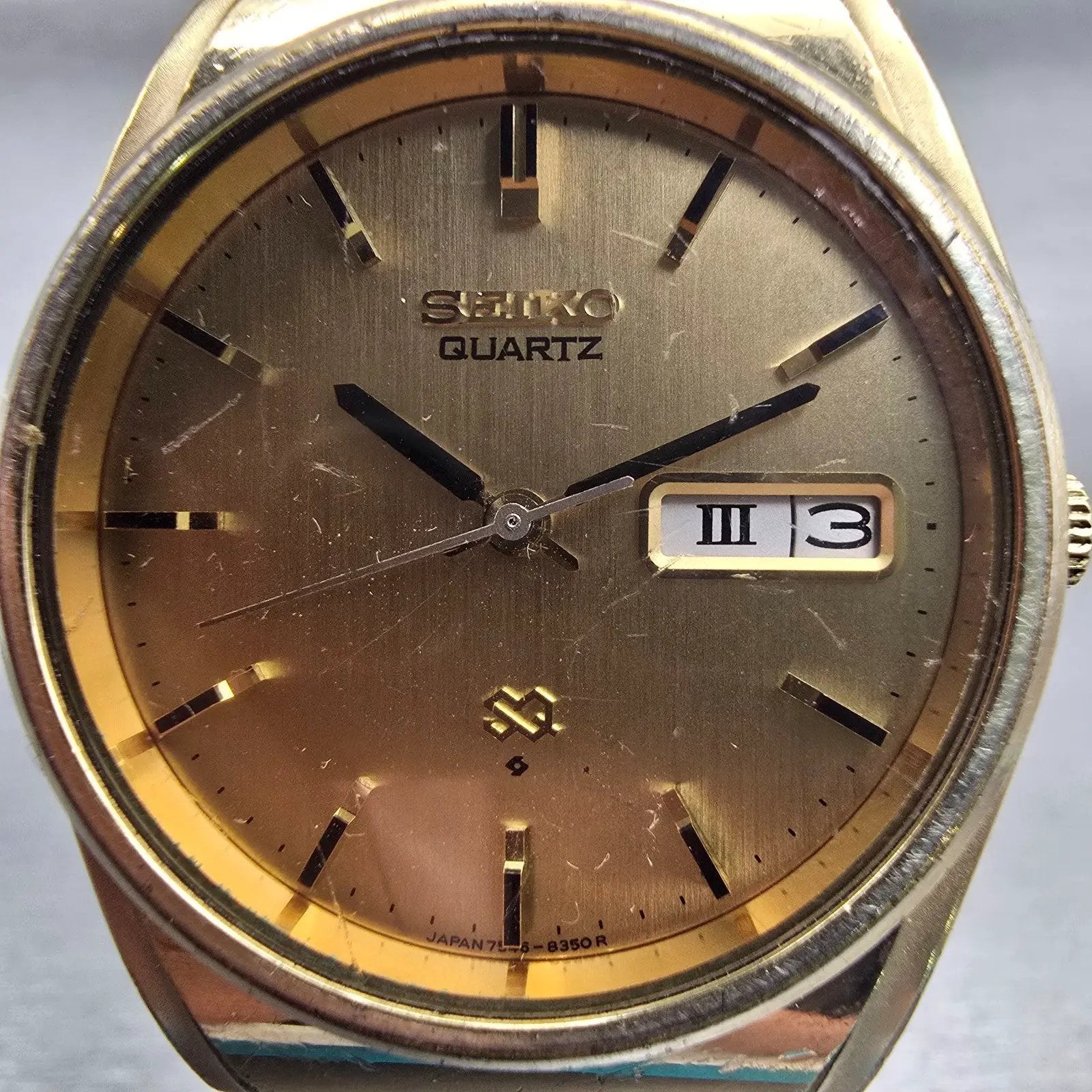 Seiko SQ Watch Men 35mm Gold Dial Gold Tone Daydate Round 7546-8320 New Battery1