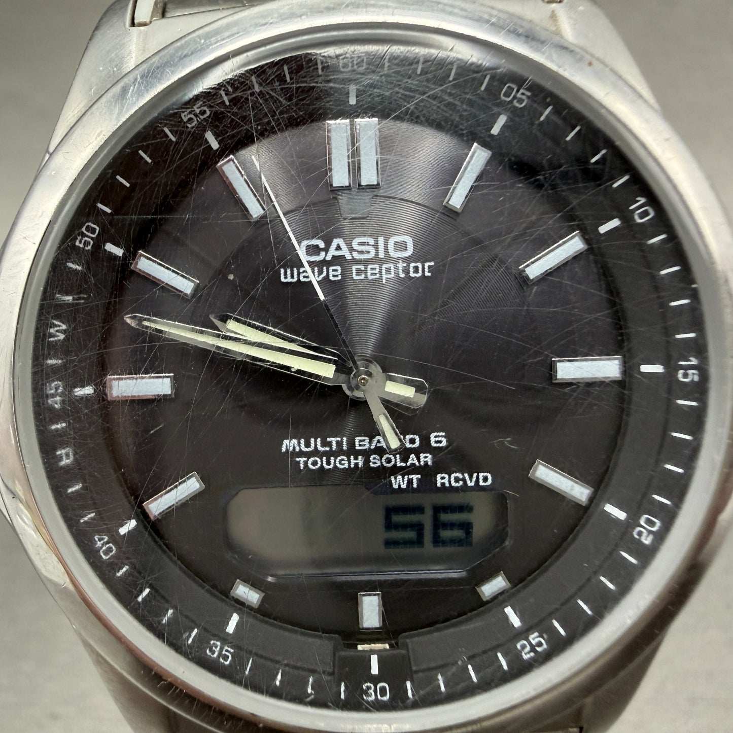 Casio Wave Ceptor Watch Men 42mm Black Dial Steel Solar Analog Digital Works JGH1