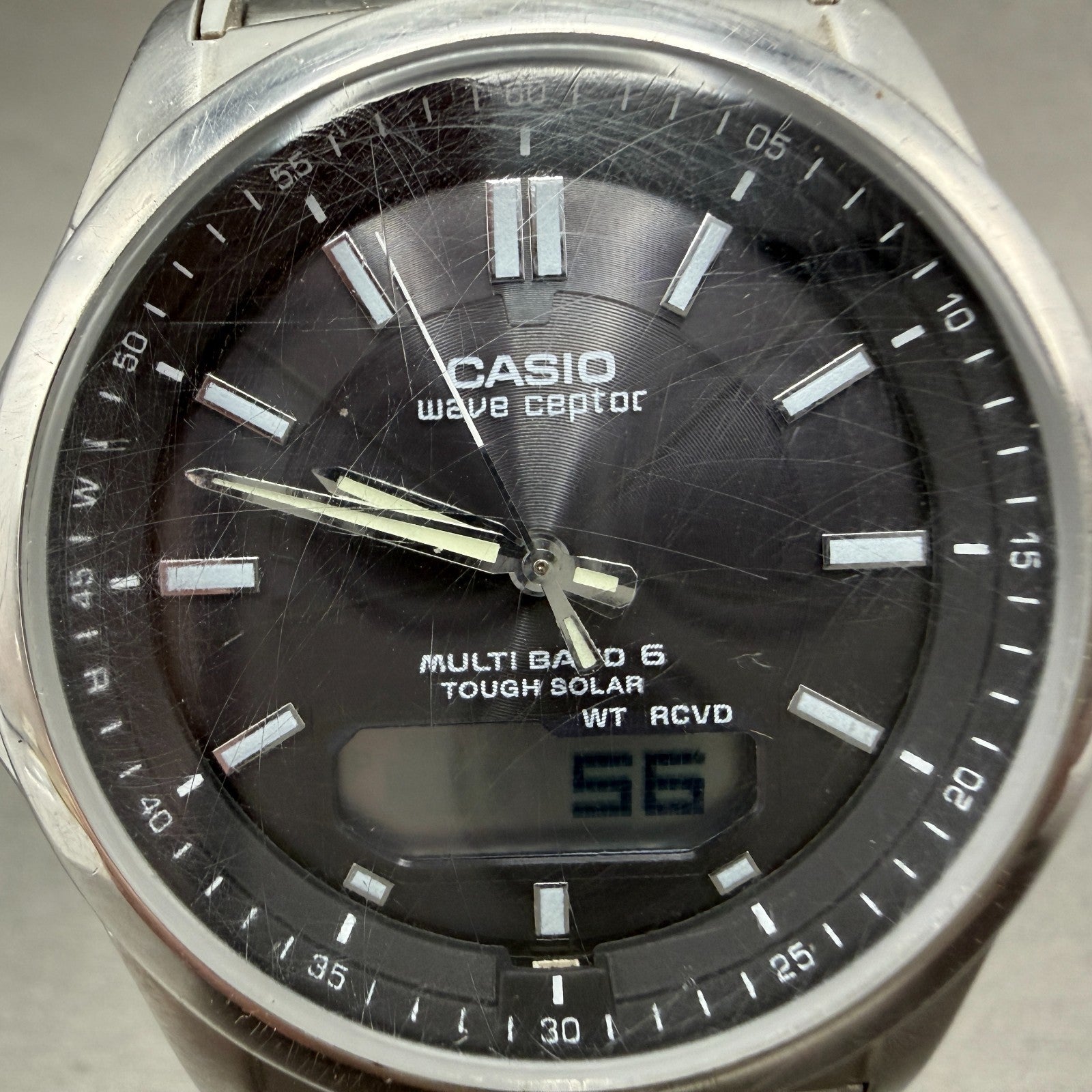 Casio Wave Ceptor Watch Men 42mm Black Dial Steel Solar Analog Digital Works JGH1