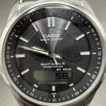 Casio Wave Ceptor Watch Men 42mm Black Dial Steel Solar Analog Digital Works JGH1