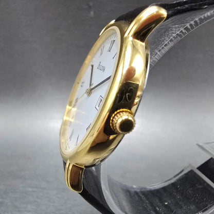 Bulova Watch Men 34mm White Dial Gold Date Round 97B13 Leather New Battery2