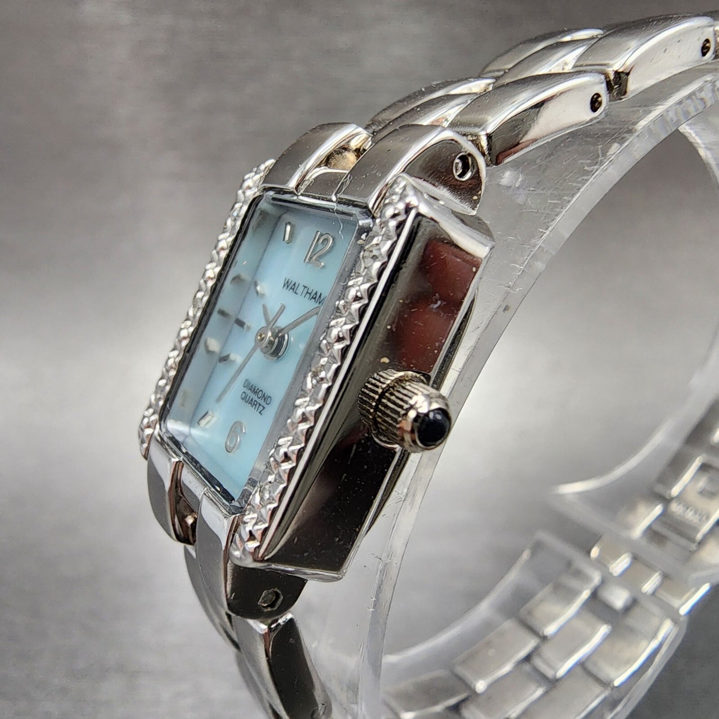 Waltham Tank Watch Women 17mm Blue MOP Dial Silver Tone Rectangle New Battery