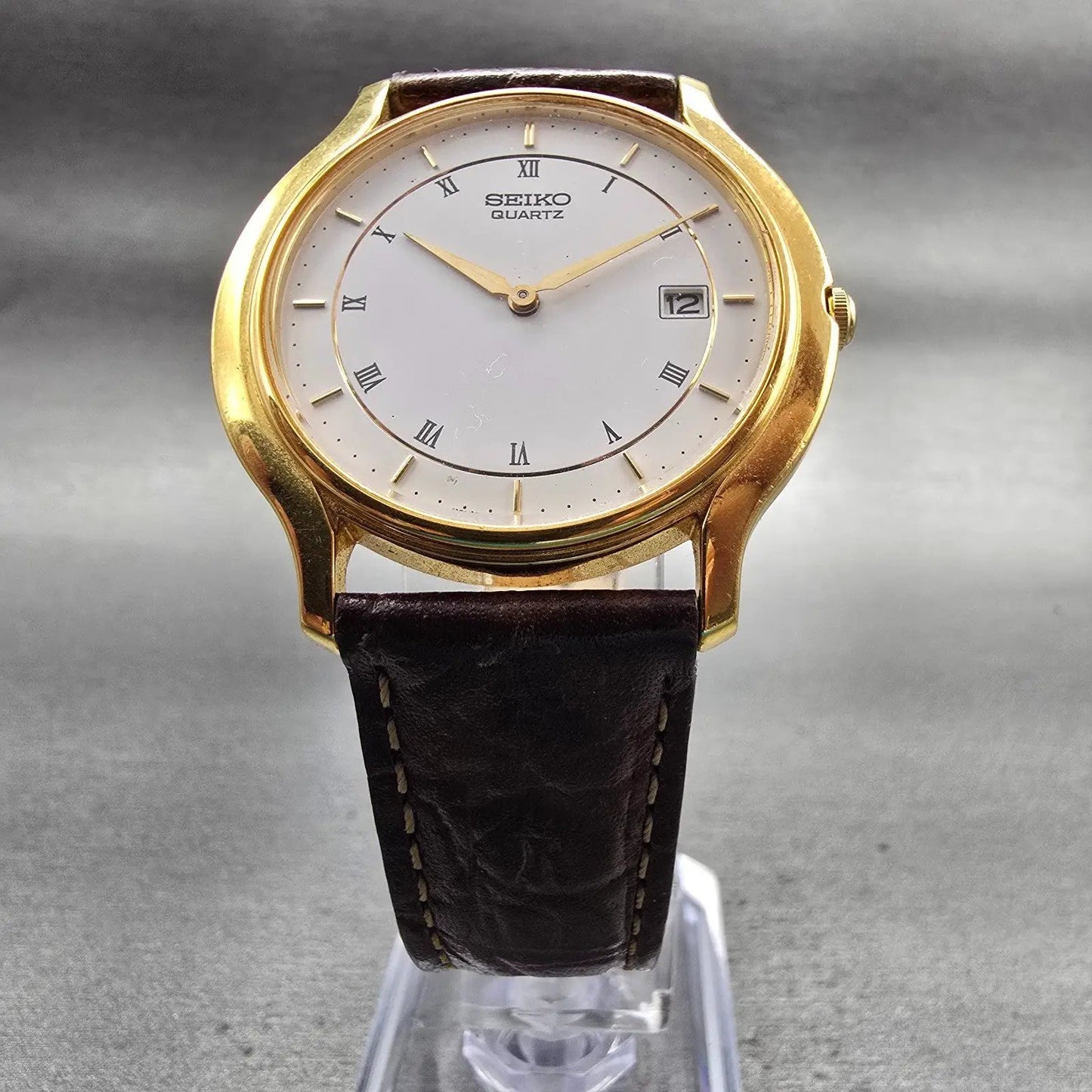 Seiko Watch Men 35mm White Dial Gold Tone Date Round 7N29-7051 New Battery VTG5