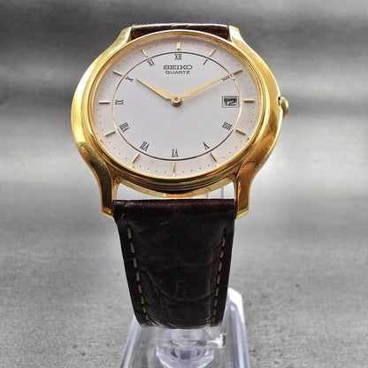 Seiko Watch Men 35mm White Dial Gold Tone Date Round 7N29-7051 New Battery VTG5