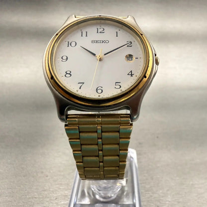 Seiko Watch Men 35mm White Dial Two Tone Date Round 7N32-0150 New Battery VTG5
