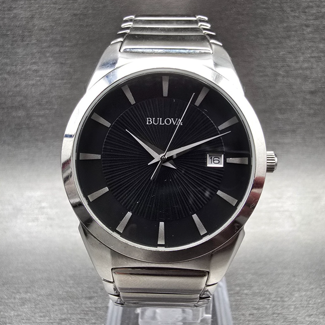 Bulova Watch Men 37mm Black Dial Silver Tone Date Round 96B149 New Battery 230