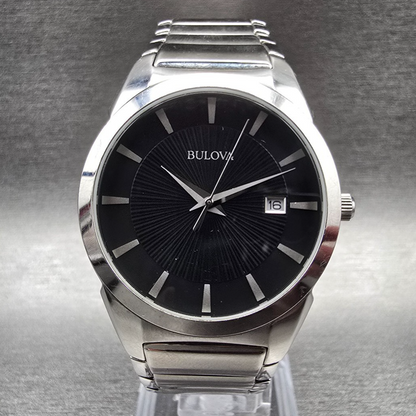 Bulova Watch Men 37mm Black Dial Silver Tone Date Round 96B149 New Battery 230