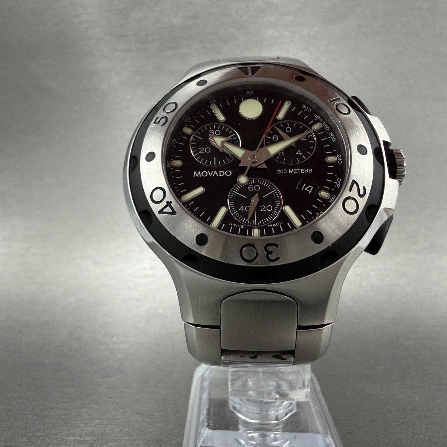 Movado Series 800 chronograph Watch Men 46mm Black Dial Steel Date READ!!!! Runs5
