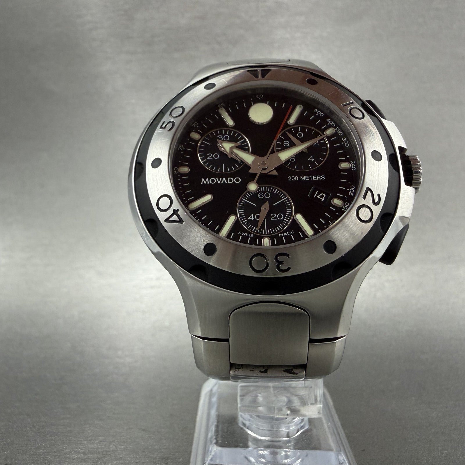 Movado Series 800 chronograph Watch Men 46mm Black Dial Steel Date READ!!!! Runs5