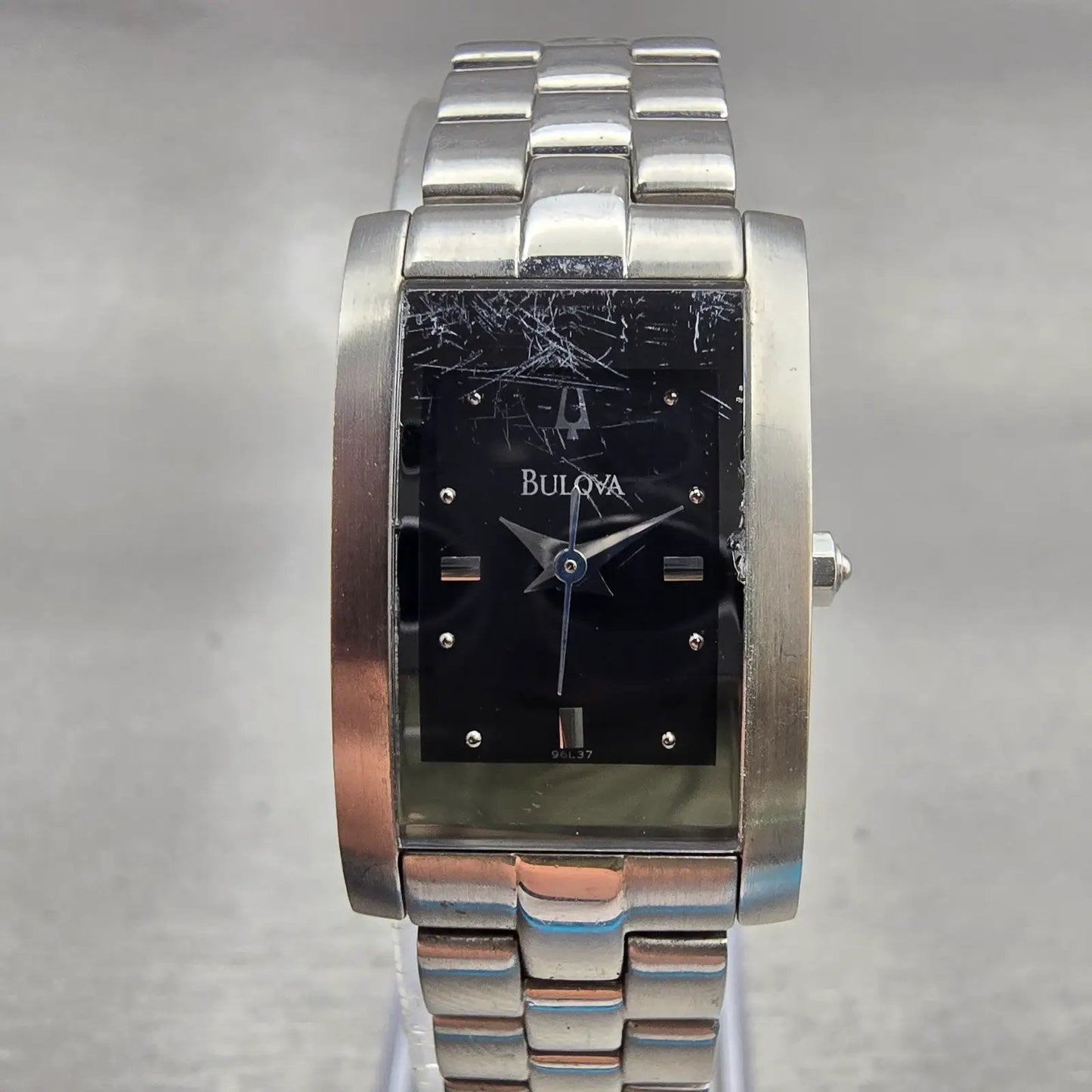 Bulova Watch Women 18mm Black Dial Silver Tone Rectangle 96L37 New Battery0