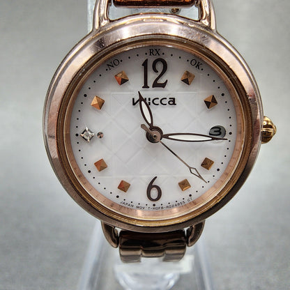 Citizen Wicca Watch Women 25mm White Dial Rose Gold Tone Date Round Atomic Runs2