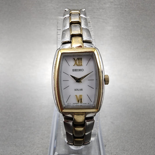 Seiko Solar Watch Women 18mm White Dial Two Tone Rectangle V115-0AA0 Works
