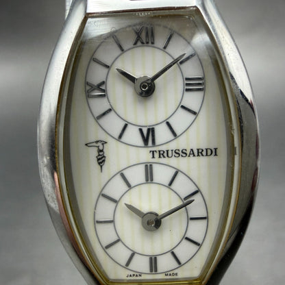 Trussardi Dual Time Watch Women 20mm White Dial Silver Tone Rectangle New Batt1