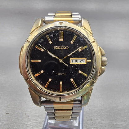 Seiko Watch Men 39mm Black Dial Gold Tone Daydate Round 7N43-0AZ0 New Battery0