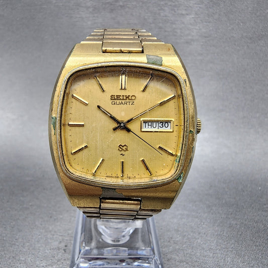 Seiko SQ Watch Men 36mm Gold Dial Gold Tone Rectangle Daydate 43365019 PARTS0