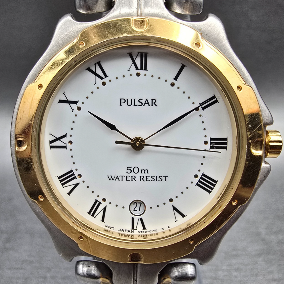 Seiko Pulsar Watch Men 36mm White Dial Two Tone Date Round V732-0060 New Battery1