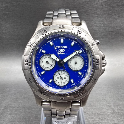 Fossil Blue Dive Watch Men 39mm Blue Dial Silver Tone Daydate BQ-9031 New Batt0