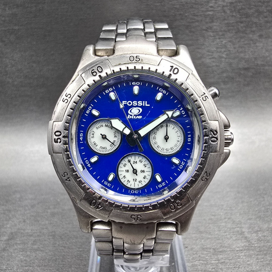 Fossil Blue Dive Watch Men 39mm Blue Dial Silver Tone Daydate BQ-9031 New Batt0