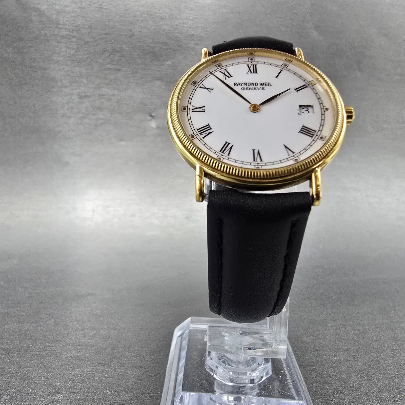Raymond Weil Watch Men 32mm White Dial Gold Plated Date Round 5514 New Battery S5