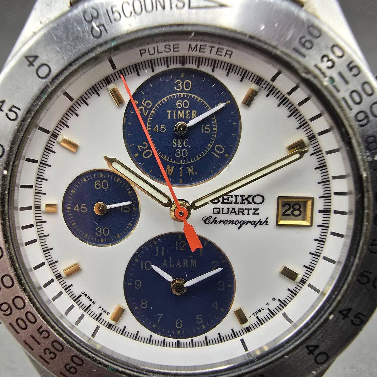 Seiko Chronograph Watch Men 40mm White Dial Two Tone Alarm Date 7T42-7A40 PARTS2