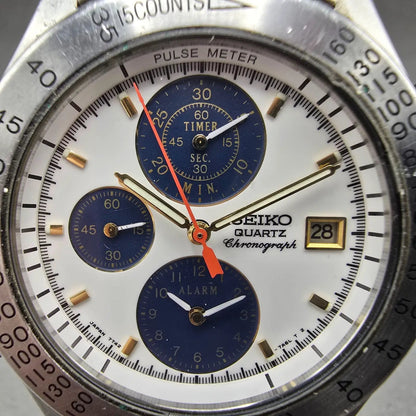 Seiko Chronograph Watch Men 40mm White Dial Two Tone Alarm Date 7T42-7A40 PARTS2
