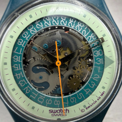 Swatch Steel Lite Watch Men 34mm Skeleton Dial Blue Tone Round New Batt1