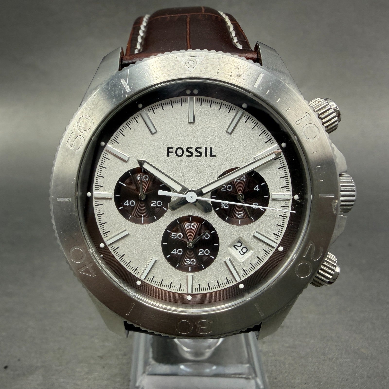 Fossil Chronograph Dive Watch Men White Dial Steel Date Round CH-2857 New Batt0