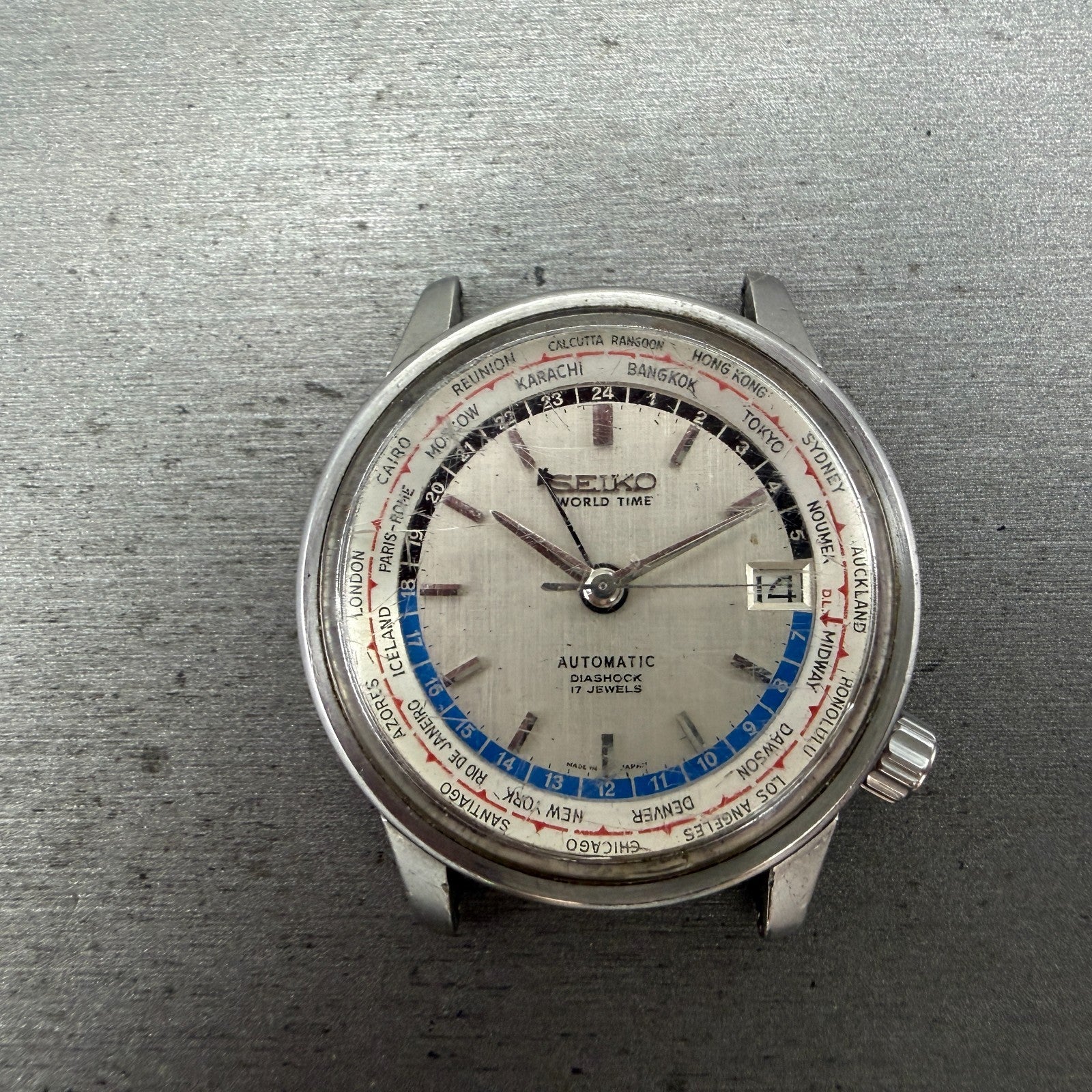 Seiko World Time Automatic Watch Men 38mm Silver Dial Steel 6217-7000 Date Runs0