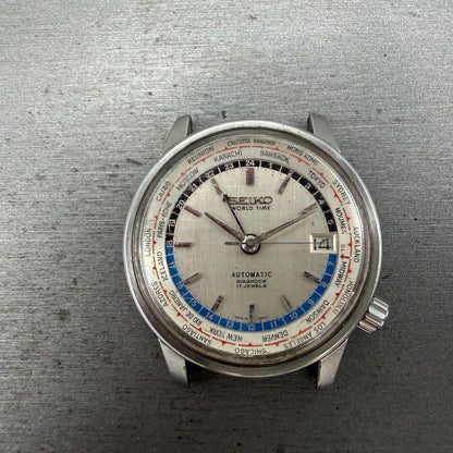 Seiko World Time Automatic Watch Men 38mm Silver Dial Steel 6217-7000 Date Runs0