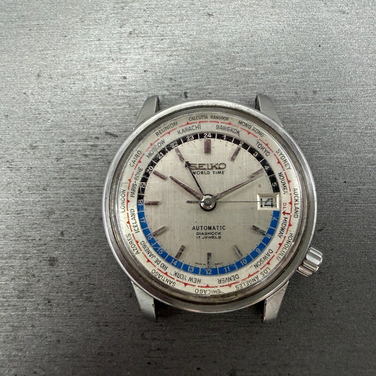 Seiko World Time Automatic Watch Men 38mm Silver Dial Steel 6217-7000 Date Runs0