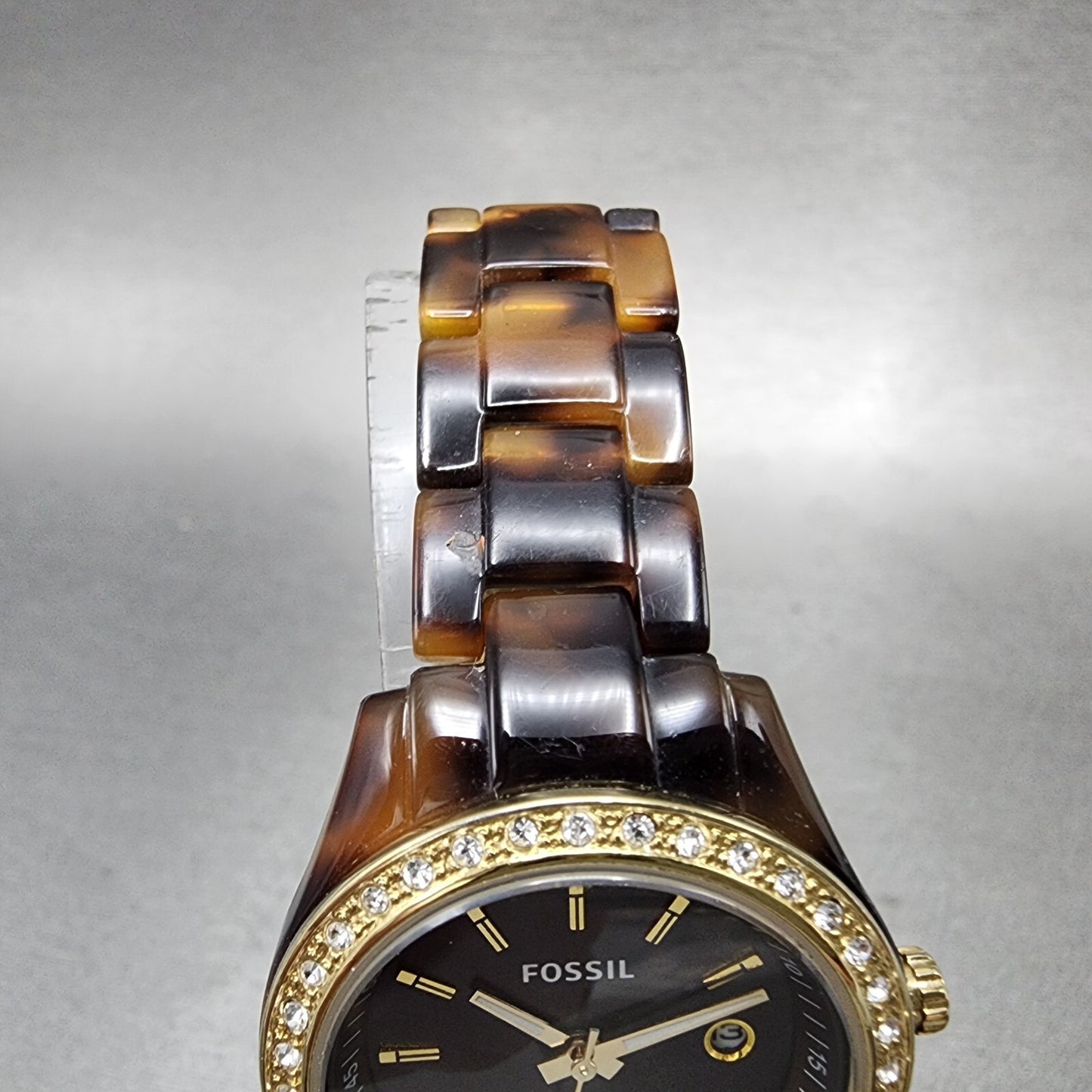 Fossil Stella Mini Watch Women 31mm Brown Dial Tortoise Resin Case Date New Batt4