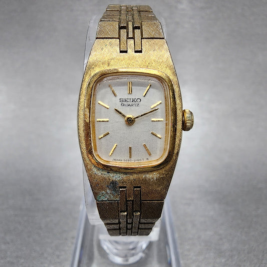 VTG Seiko Watch Women 17mm Silver Dial Gold Tone Rectangle 54205060 New Battery0
