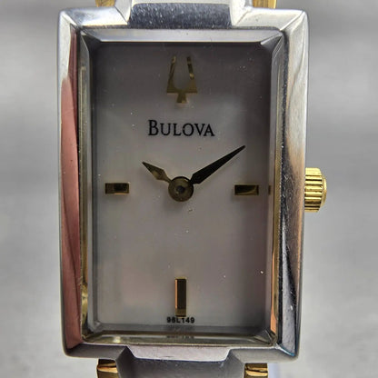 Bulova Watch Women 18mm MOP Dial Two Tone Rectangle Bangle 98L149 New Battery1
