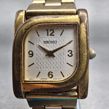 Seiko Watch Men 23mm White Dial Gold Tone Rectangle 4N00-6769 New Battery VTG1