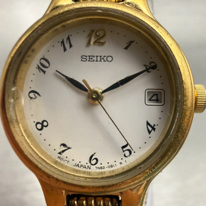 Seiko Watch Women 23mm White Dial Gold Tone Date Round 7N82-0228 New Battery VTG1