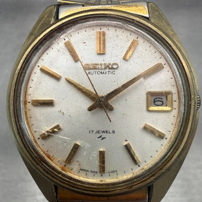 Seiko Automatic Watch Men 36mm White Dial Gold Tone Date Round 7005-8022 Works1