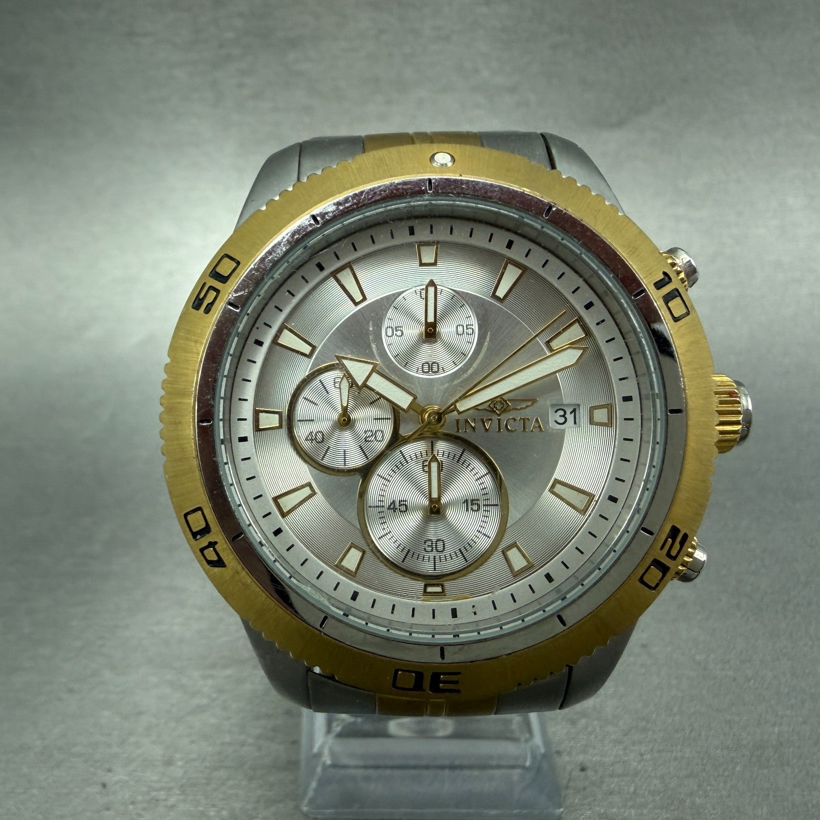 Invicta Specialty Chronograph Watch Men 46mm Silver Dial TwoTone Date 17441 Runs0