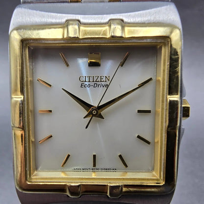 Citizen Eco-Drive Tank Watch Men 28mm White Dial Two Tone Rectangle E030 Works1